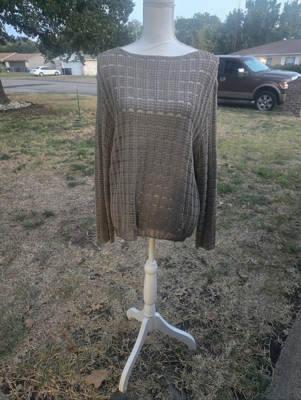 Sigrid Olsen Taupe Open-Knit Scoop Neck Sweater